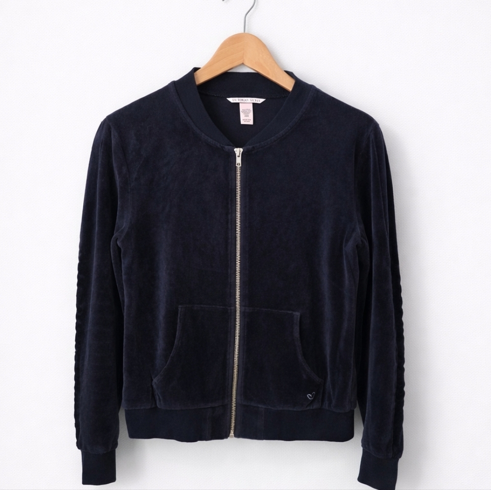 Victoria’s Secret Velour Zip Up Jacket XS Navy Blue Cozy Lounge